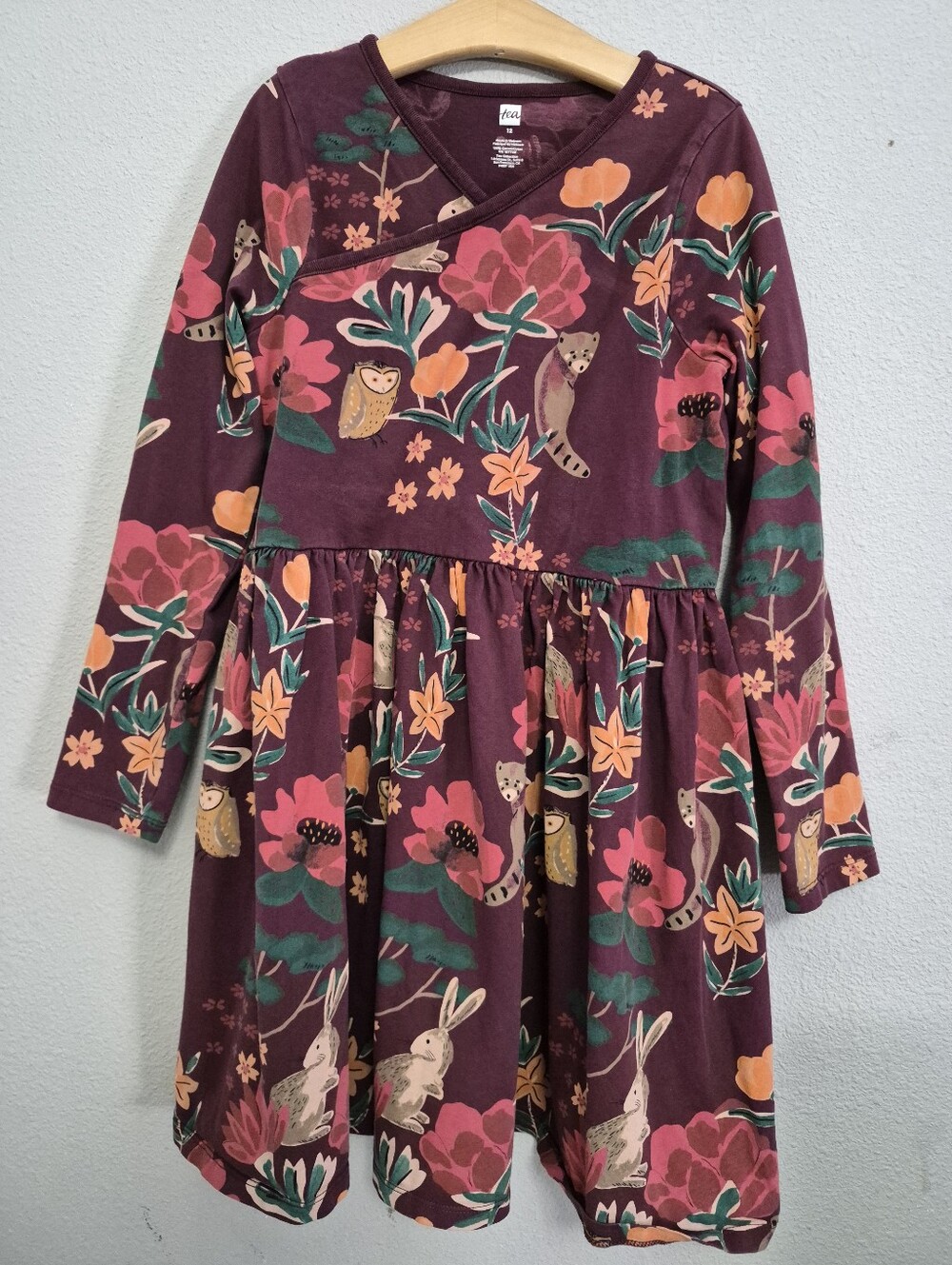 Tea Woodland Animals Autumn Floral Print Knit Dress Maroon Girls 12